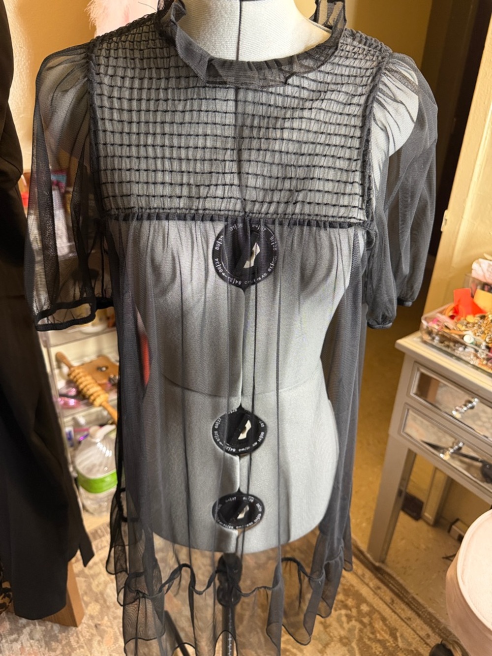 Divided Black Sheer Smocked Yoke Midi Dress